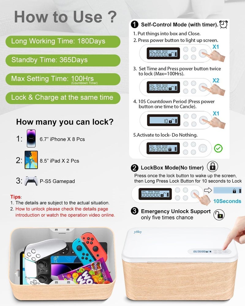 ySky Safe Timed Lock Box, Phone Lock Box with Timer Unplug from Phones,Video Games,Social Media,Snacks&Cravings,Self-Control Lockable Storage Box, Phone Locker Time Locking Container for Better Habits - Image 4